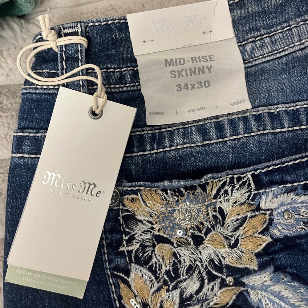 Miss Me Women's Skinny Jeans - Blue with Embroidery